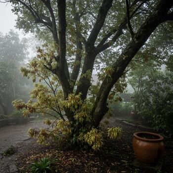 A tree with leaves and a pot in the fog photo
