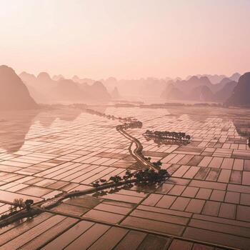 An aerial view of rice fields and mountains photo
