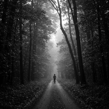 A man is walking down a path in the woods photo
