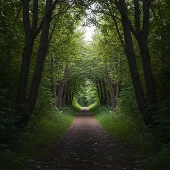 A path through a forest with trees and grass photo