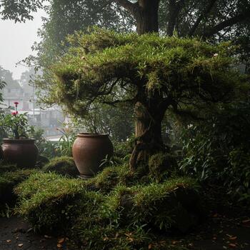 A large tree with a large pot sitting in the middle of it photo