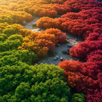 An aerial view of colorful trees in the forest photo