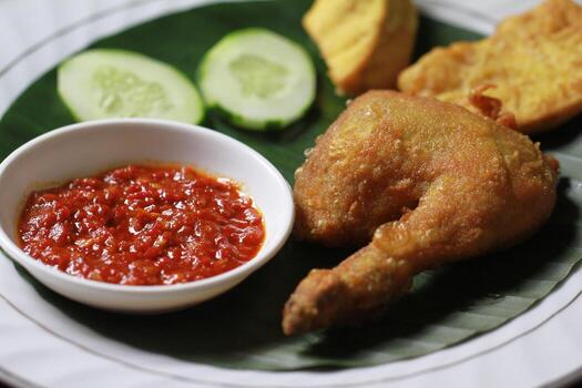fried chicken with sambal red chili, tofu,cucumber and tempe photo