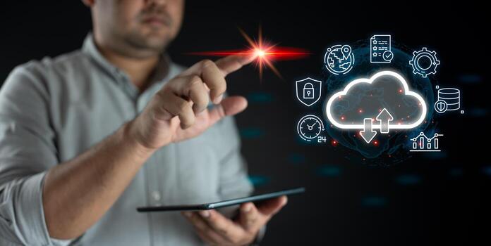 Businessman touch a virtual cloud computing to transfer data information and upload download application. photo