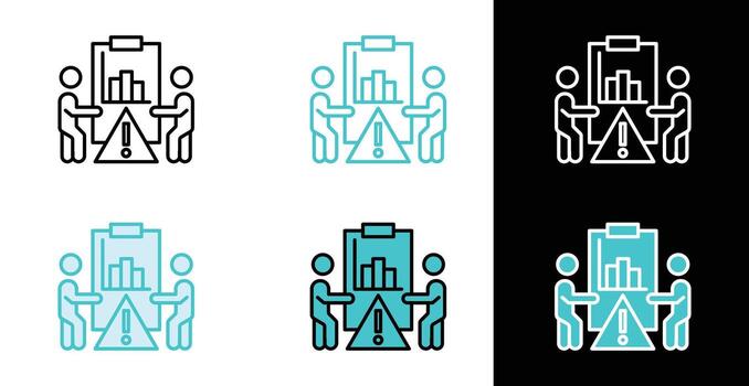 Business meeting icons with two people at table showing bar chart clipboard and triangular warning symbol vector