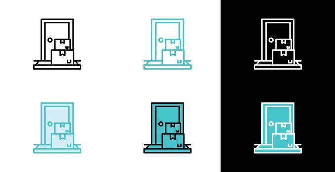 Doorstep delivery icons showing door with two stacked boxes in grid arrangement vector