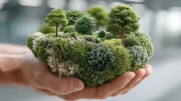 manos participación un miniatura lozano verde bosque ecosistema con vibrante arboles y plantas foto