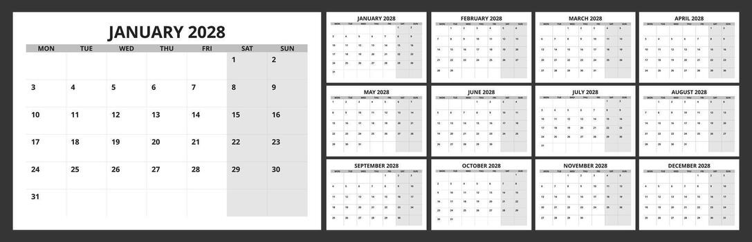 set calendar 2028 with simple and modern design vector