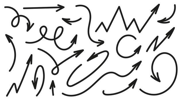 conjunto de sencillo dibujado a mano negro flechas en varios estilos. único garabatear flecha colección con diferente direcciones y formas, Perfecto para diseño, reflejos, notas, web, iconos, y decoración. vector
