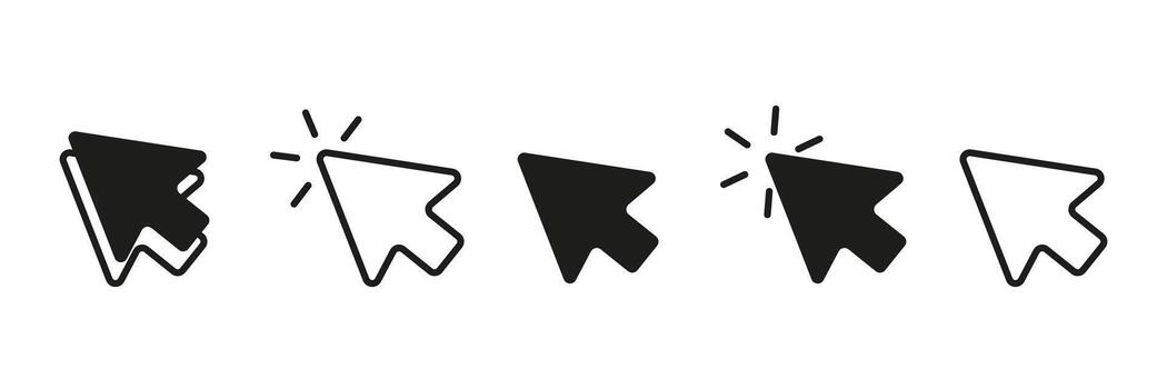 cursor íconos conjunto en varios flecha formularios ratón hacer clic cursor colección con diferente diseños computadora puntero y hacer clic íconos en gris flecha estilos. ilustración de cursor símbolos para ui vector