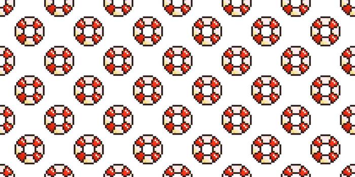Seamless pixel pattern of retro lifesavers in a repeating layout. Ideal for summer, ocean, nautical, or beach-themed designs, textiles, and backgrounds. Classic 8-bit pixel look for nostalgic feel. vector
