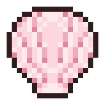 Pixel illustration of a pink seashell in retro 8-bit style. Ideal for summer, beach, and ocean-themed projects, evoking nostalgia, marine life, and seaside vibes perfect for games or creative content. vector