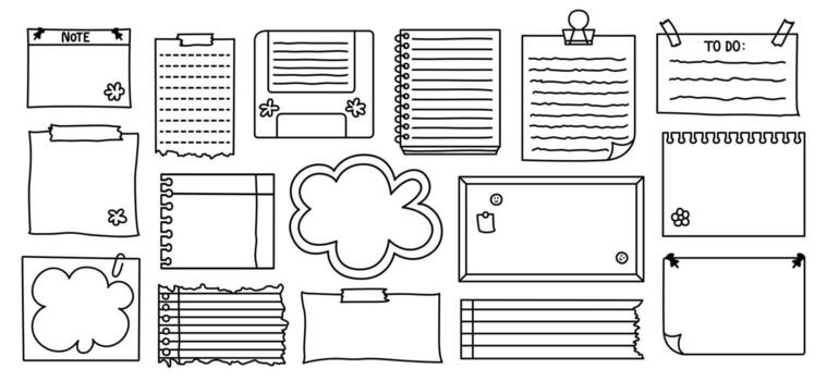 Collection of blank note templates in doodle style. Set includes ripped paper sheets, sticky notes, notebooks, memo boards, and reminders. Perfect for planners, journaling, and creative projects. vector