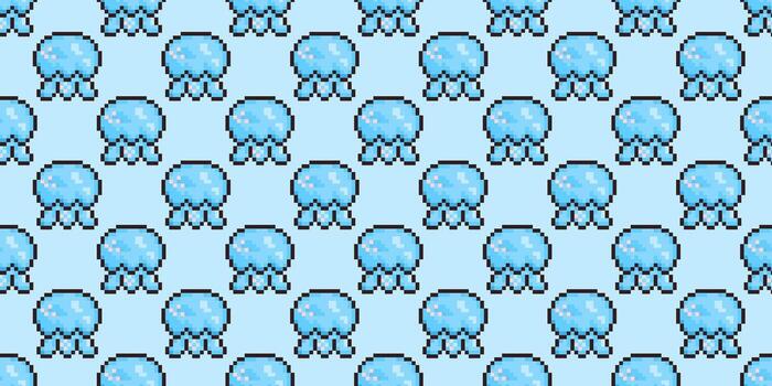 Seamless pixel pattern of cute blue jellyfish on a light background. Retro 8-bit marine theme perfect for summer, beach, or ocean-related designs, textiles, scrapbooking, and digital projects. vector
