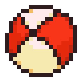 Pixel illustration of a beach ball in red, yellow, and soft tones, inspired by retro 8-bit style. Ideal for summer, vacation, games, or nostalgic themes related to childhood and pixel aesthetics. vector
