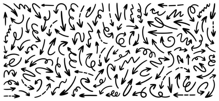 Set of dynamic black arrows in various styles including curved, dashed, spiral, and zigzag. Perfect for presentations, infographics, interfaces, and creative projects. Isolated on white background. vector