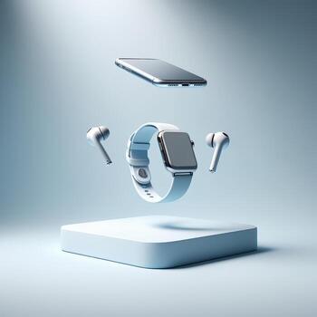 Modern smartwatch and earbuds floating above display pedestal photo