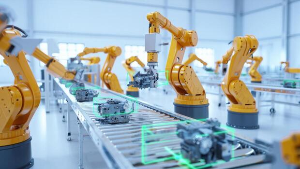 Automated robotic arms working on a conveyor belt in a modern factory photo