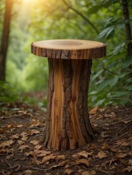 Rustic wooden stump table in a sunlit forest clearing photo