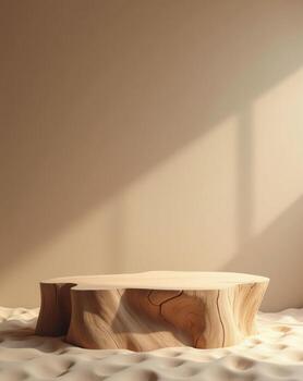 Natural wood slice podium with warm sunlight and shadow on textured background photo