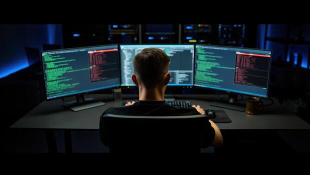 Programmer working late at night on multiple computer screens displaying code photo
