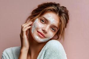 un contento persona con un blanco facial máscara sonrisas, suavemente conmovedor su cara durante un refrescante diario protección de la piel y belleza tratamiento. foto