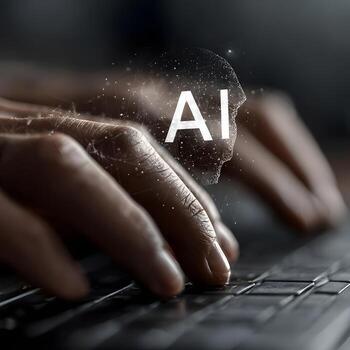 A glowing artificial intelligence brain image appears prominently above a keyboard, symbolizing complex data processing, innovation, and future technological development. photo