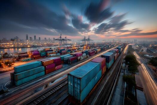 An expansive logistic hub at evening, showing many cargo containers ready for transport by rail and road, enabling efficient global supply chains. photo