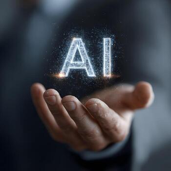 Luminous AI letters appear above an open hand, symbolizing artificial intelligence, innovative digital technology, and the future of smart systems. photo