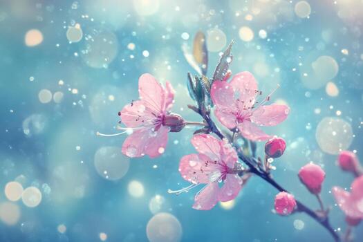 Beautiful cherry blossoms in spring rain with soft bokeh effect photo
