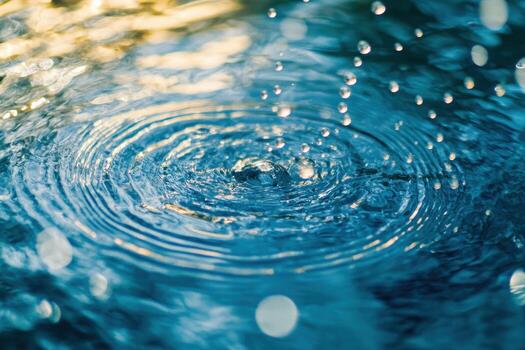 Ripple effect from water droplets falling on a tranquil surface photo
