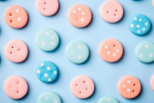 Colorful pastel buttons arranged on a blue background for crafting photo