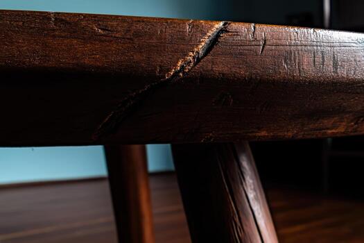 Close-up of a rustic wooden table showing natural imperfections photo