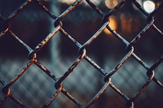 Rusty metal fence with soft lighting at dusk in an urban environment photo