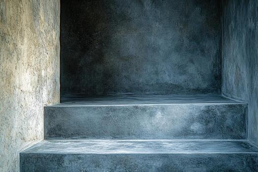 Concrete steps leading up in a dimly lit architectural space photo