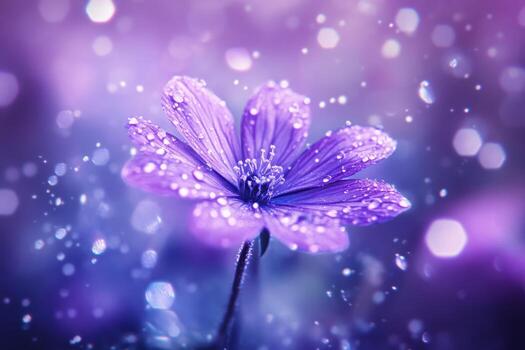 Purple flower with raindrops amidst a bokeh backdrop in nature photo