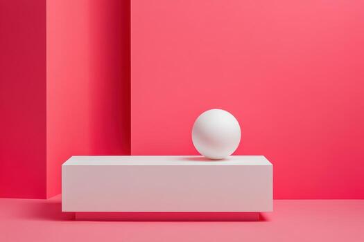 White sphere balanced on a minimalist white surface in a vibrant pink setting photo
