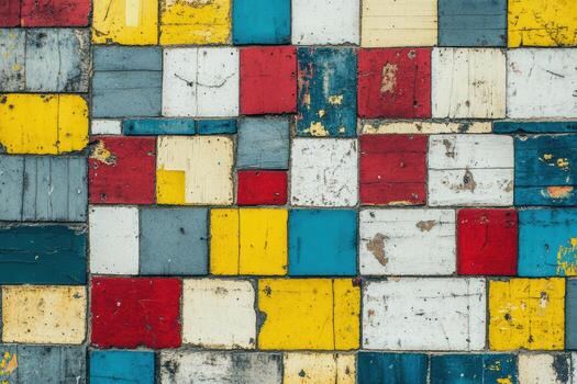 Colorful wooden blocks create a vibrant patchwork design on a wall photo