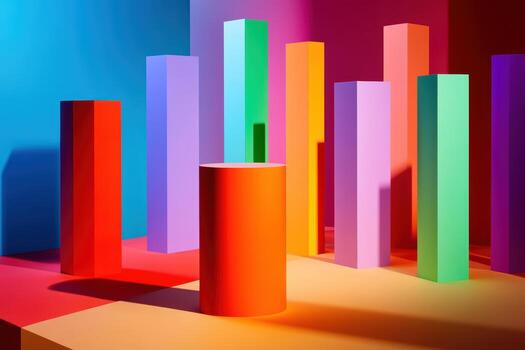 Colorful geometric shapes create a vibrant abstract art display in a studio photo