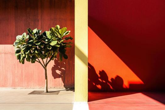 Brightly colored walls with a fig tree casting shadows in urban setting photo