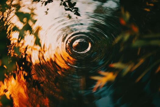 Rippling water at sunset surrounded by lush foliage in a tranquil setting photo