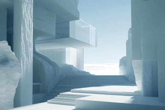 Modern architecture blends with icy landscape in serene setting photo