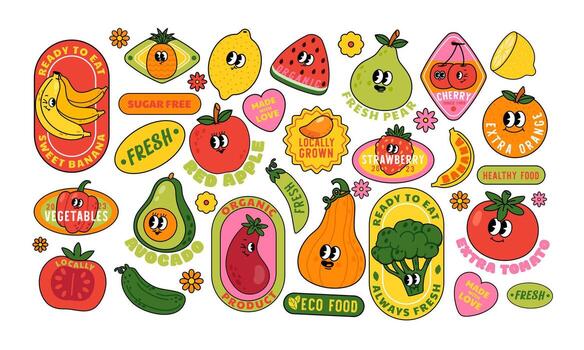Fruit stickers. Retro vegetable labels. Patch with groovy, fruity characters with text slogan. Badge with apple, tomato, banana, orange for supermarket, local farm. set vector