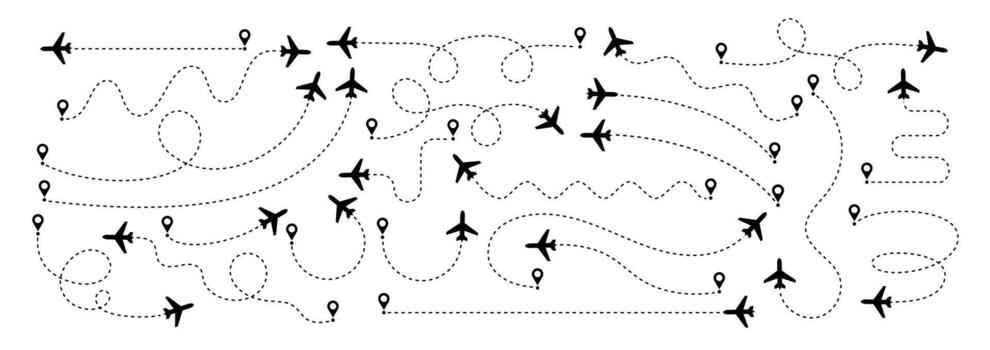 Plane routes. Airplane way line. Dashed lines airplane icons, travel trace, flight path, map pin, location navigation, transport track, aircraft silhouette flying. set vector