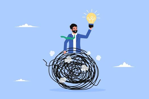 Businessman has a bright idea solution to a complex problem. Lightbulb moment solving a difficult chaotic challenge. Success concept. vector