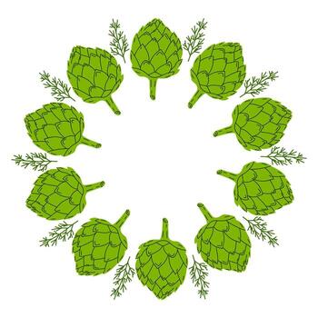 Round frame green artichokes arranged in a circular pattern with herbs on white background vector