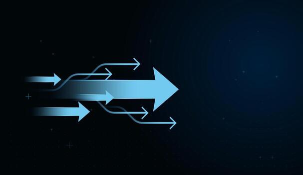 A large central arrow moves boldly to the right, supported by multiple smaller arrows, symbolizing teamwork, direction, and unified progress. illustration vector