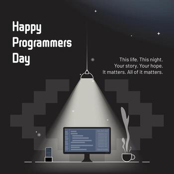 Night Coding Workspace with Computer Screen and Coffee Cup for Happy Programmers Day Celebration. vector