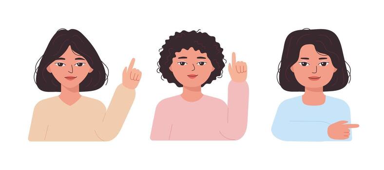 Girl points, directs and shows with her finger set. Gesture to look up and to side. Indicate with hand. Characters indicates attention. flat isolated illustration vector