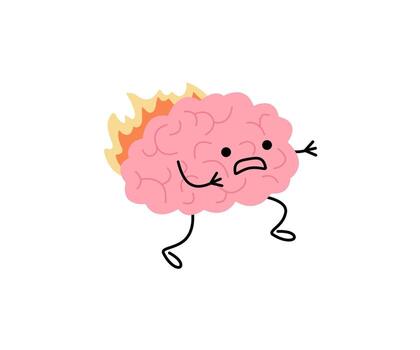 Brain with fire, burnout on stress, cute child character run. Intense brain activity from overwork, tension, multitasking. illustration vector